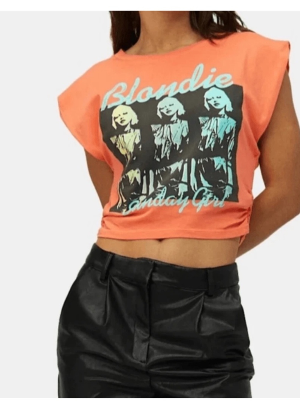Daydreamer Blondie Sunday Girl Tee Orange Ruched Band T-Shirt Top XS